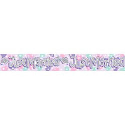 PARTY BANNER- JUST MARRIED SILVER AND PURPLE BANNER WITH HEARTS