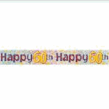 PARTY BANNER- 60TH HAPPY BIRTHDAY HOLOGRAPHIC SILVER WITH GOLD STARS